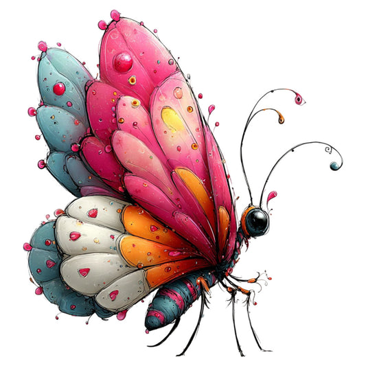 butterfly, whimsical, colorful, multi-color, coral pink, hot pink, magenta, turquoise, teal, cream white, orange, yellow, insects, nature, spring, summer, modern, artistic, abstract, decorative details, spotted pattern, embellished, dimensional, fantasy, children's, playful, vibrant, jewel tones, wall hanging, home decor