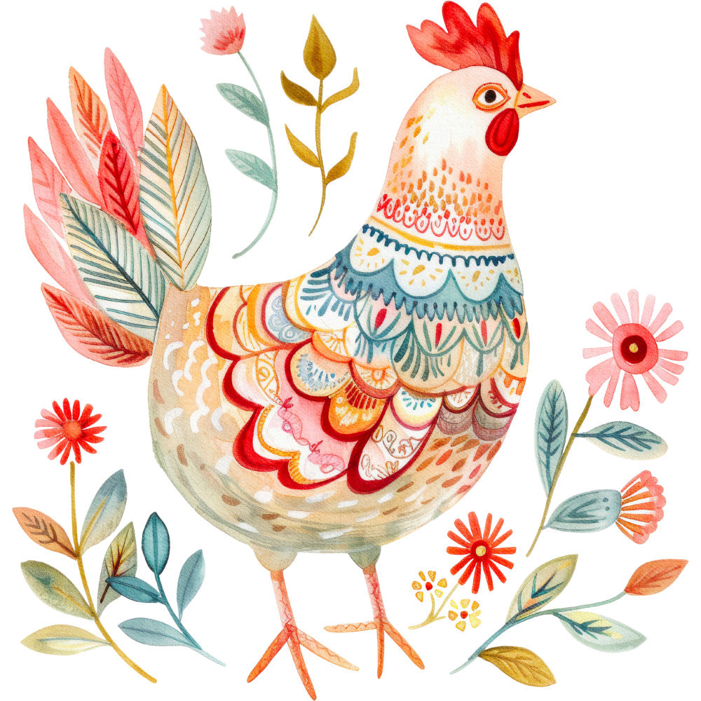 Folk Chicken Fabric Panel 14