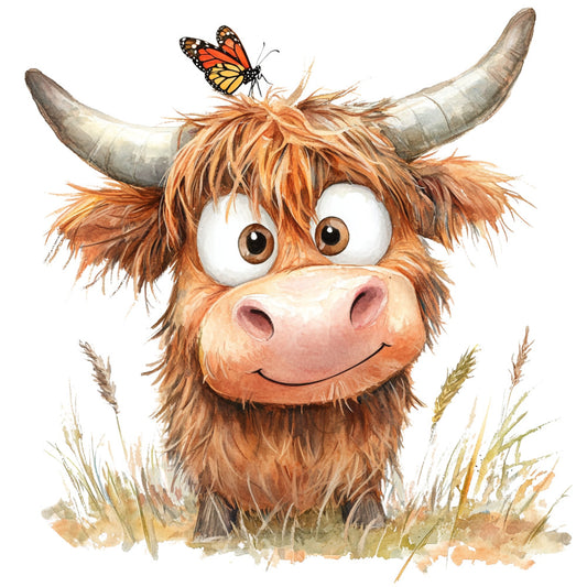 highland cattle, whimsical, rustic, brown, tan, cream, orange, rust, monarch butterfly, farmhouse, children's, cute animals, cow, long horns, nature, pastoral, countryside, baby, playful, folk art, watercolor, illustrated, spring, summer, grass, wildflowers, charming, storybook, nursery, friendly