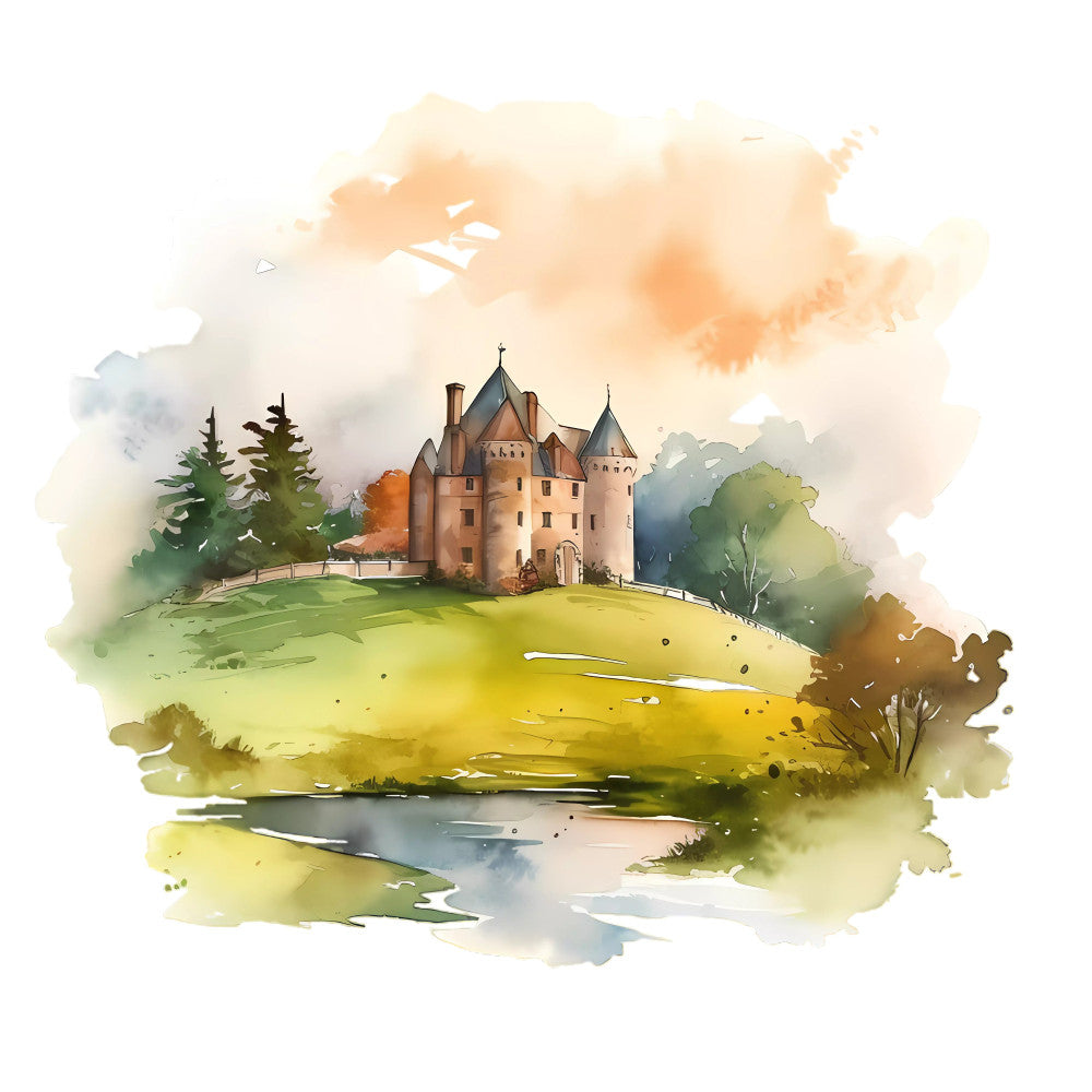 castle, watercolor, fairy tale, landscape, architecture, cream, sage green, golden yellow, soft orange, peach, dusty blue, forest green, whimsical, storybook, fantasy, vintage, romantic, pastoral, countryside, nature scene, towers, trees, water feature, pond, meadow, elegant, fairytale cottage, spring, summer, travel theme