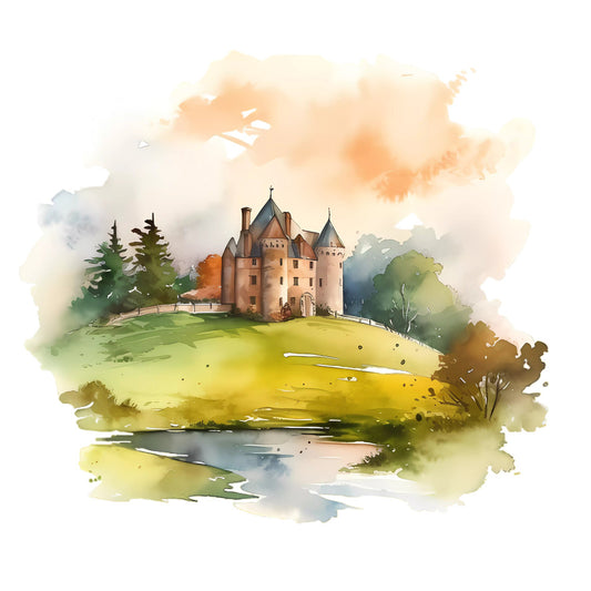 castle, watercolor, fairy tale, landscape, architecture, cream, sage green, golden yellow, soft orange, peach, dusty blue, forest green, whimsical, storybook, fantasy, vintage, romantic, pastoral, countryside, nature scene, towers, trees, water feature, pond, meadow, elegant, fairytale cottage, spring, summer, travel theme
