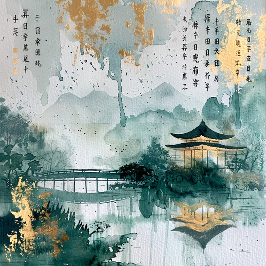 sage green, muted teal, golden yellow, soft gray, watercolor style, asian pagoda, bridge reflection, misty mountains, serene landscape, fabric panel, quilting cotton, japanese calligraphy, tranquil water, architectural elements, nature scene, soft washes, contemplative mood, oriental design, peaceful setting