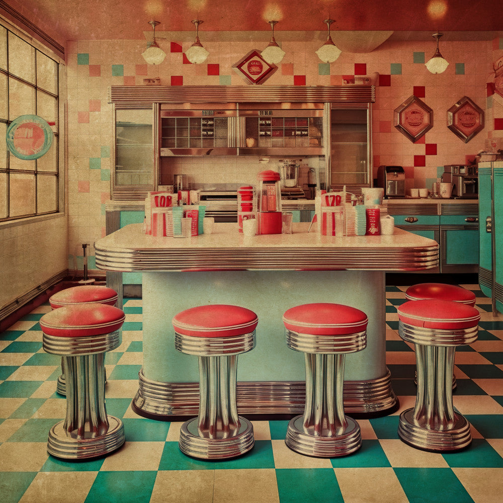 retro kitchen, 1950s diner, vintage americana, turquoise, coral pink, red, cream, art deco, geometric squares, checkered floor, mid-century modern, nostalgic, retro appliances, diner aesthetic, chrome accents, red and white striped, kitchen theme, novelty print, vintage home, retro style, soda fountain, atomic age, kitchenware motifs, classic americana, teal and coral, vintage kitchen decor, retro dining, decorative tiles, pendant lights, home decor