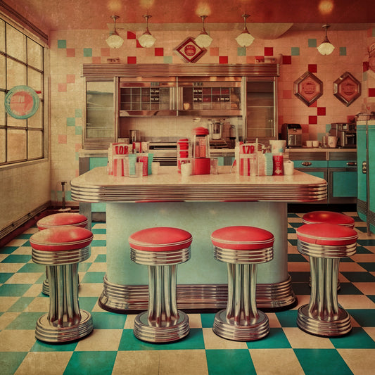 retro kitchen, 1950s diner, vintage americana, turquoise, coral pink, red, cream, art deco, geometric squares, checkered floor, mid-century modern, nostalgic, retro appliances, diner aesthetic, chrome accents, red and white striped, kitchen theme, novelty print, vintage home, retro style, soda fountain, atomic age, kitchenware motifs, classic americana, teal and coral, vintage kitchen decor, retro dining, decorative tiles, pendant lights, home decor