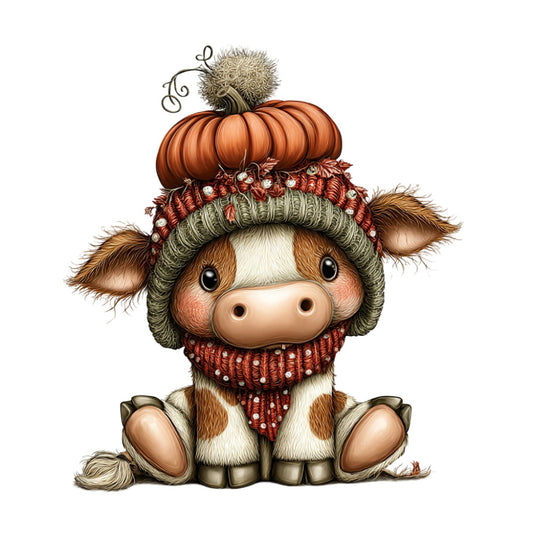 cute cow, highland cattle, autumn colors, rust red, sage green, cream, brown, tan, pumpkin orange, spiky thistle, cozy, whimsical, farmhouse, rustic, woodland animals, fall harvest, sweater knit, knitted texture, beanie hat, scarf details, festive, seasonal, country style, cottage core, folk art, decorative animals, hand drawn, illustration style, warm tones, charming design