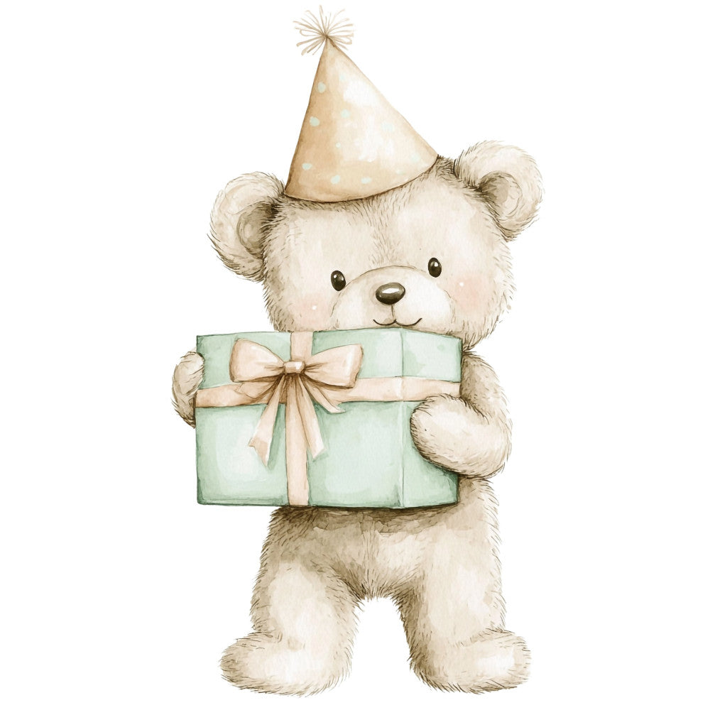 cream bear, soft white, sage green, pale pink, party hat, birthday bear, teddy bear, cute animals, whimsical, children's, baby nursery, gift box, ribbon bow, celebration, festive, playful, sweet, gentle, pastel colors, animal motif, gender neutral, baby shower, nursery decor, wall hanging, baby quilt, storybook style, illustration art, soft illustration, tender, innocent