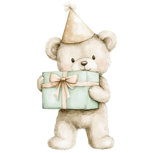 cream bear, soft white, sage green, pale pink, party hat, birthday bear, teddy bear, cute animals, whimsical, children's, baby nursery, gift box, ribbon bow, celebration, festive, playful, sweet, gentle, pastel colors, animal motif, gender neutral, baby shower, nursery decor, wall hanging, baby quilt, storybook style, illustration art, soft illustration, tender, innocent