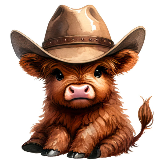 cowboy, western, highland cattle, highland cow, brown, tan, rust, cream, cute animals, whimsical, farmhouse, rustic, country, hat, studs, adorable, cartoon animals, children's, baby, folk art, playful, novelty, animal characters, livestock, bull, cattle, humorous, fun, quirky