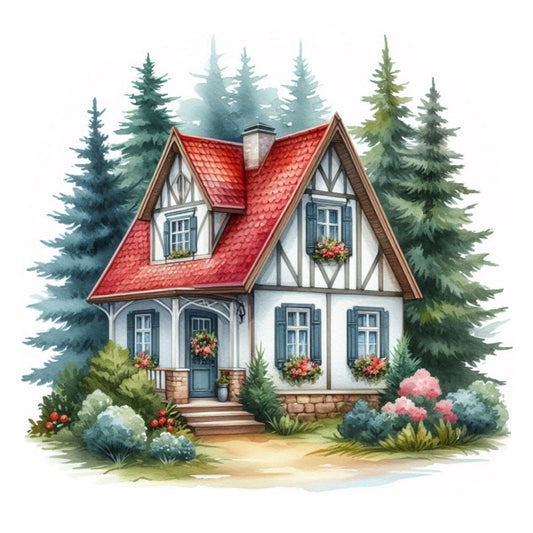 cottage core, storybook, fairytale, whimsical, forest green, cream white, red roof, brick red, slate blue, nature scene, woodland, evergreen trees, pine trees, rustic, traditional, european cottage, half-timbered, country home, garden flowers, pink hydrangeas, flowering shrubs, window boxes, classic, charming, vintage inspired, pastoral, scenic landscape, cozy home, architectural, building