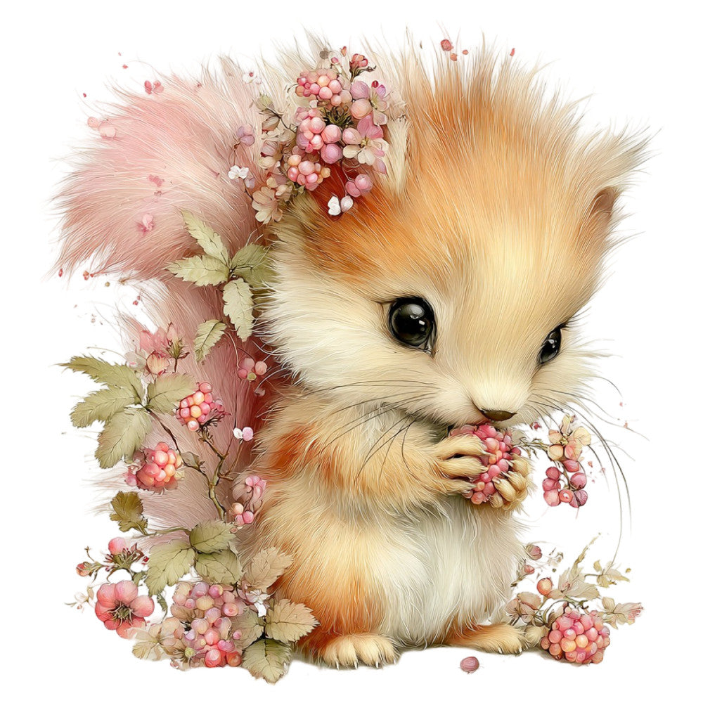 cute animal, fluffy kitten, adorable cat, woodland creatures, forest animals, nature themed, floral design, pink flowers, coral berries, botanical print, whimsical style, children's fabric, baby quilt, nursery decor, spring colors, soft pastels, peach, cream, dusty rose, sage green, delicate florals, animal motifs, playful design, illustrated art, watercolor style, sweet and charming, gentle aesthetic, girl's fabric, decorative panel, nature lover