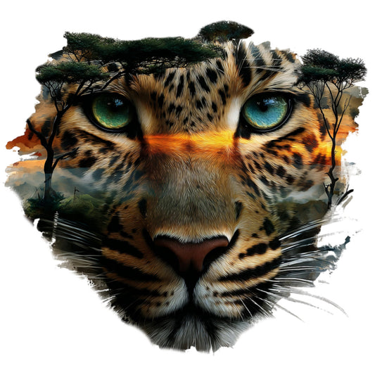 leopard face, wildlife, big cat, jungle, safari, animal portrait, turquoise eyes, aqua eyes, golden orange, burnt orange, cream, black, white, nature, exotic, double exposure, landscape blend, trees, acacia trees, african savanna, majestic, bold, striking, realistic, detailed, artistic, wild cat, feline, statement piece, wall hanging