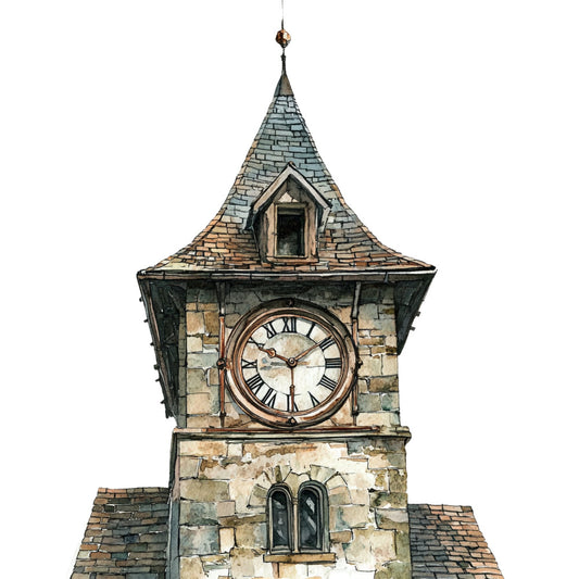 clock tower, steampunk, vintage architecture, stone brick, roman numerals, slate blue, sage green, tan, cream, beige, rust orange, gray, steampunk style, gothic, architectural, building motif, timepiece, whimsical, nostalgic, victorian, traditional, rustic, elegant, heritage, old world charm, decorative panel, wall art, collectible theme