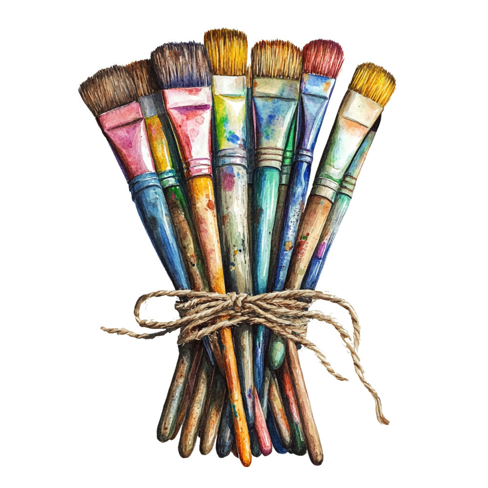 paintbrushes, artist tools, watercolor style, multicolored brushes, art supplies, rope binding, creative theme, vibrant colors, blue handles, yellow bristles, red bristles, brown bristles, paint-splattered, artistic bundle, craft motif, fabric panel, quilting cotton, studio theme, painter's brushes, twine tied