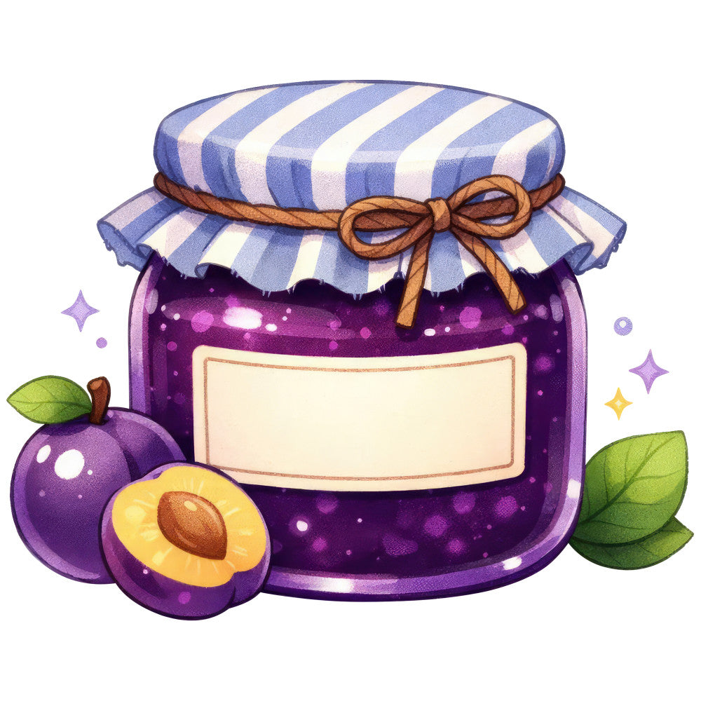 purple, deep purple, plum, cream, white, gold, yellow, striped, jam jar, fruit, plum fruit, preserves, canning, vintage, whimsical, cute, food theme, kitchen, country, farmhouse, bow, rustic, sweet, cottage core, summer, garden, nature, decorative, charming, food motif