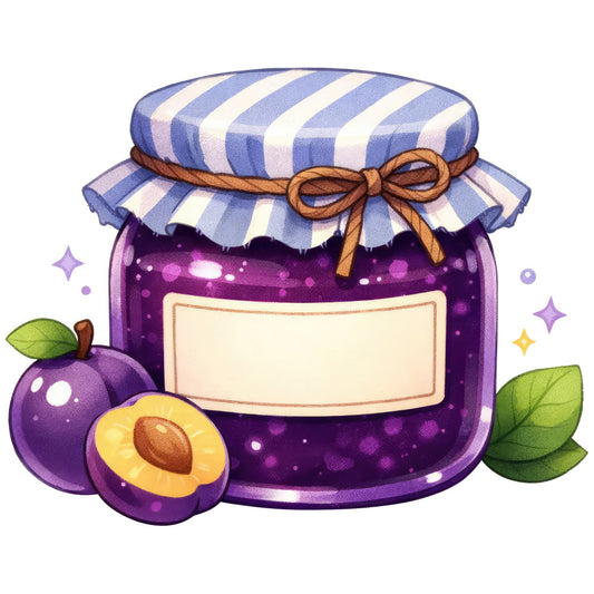 purple, deep purple, plum, cream, white, gold, yellow, striped, jam jar, fruit, plum fruit, preserves, canning, vintage, whimsical, cute, food theme, kitchen, country, farmhouse, bow, rustic, sweet, cottage core, summer, garden, nature, decorative, charming, food motif