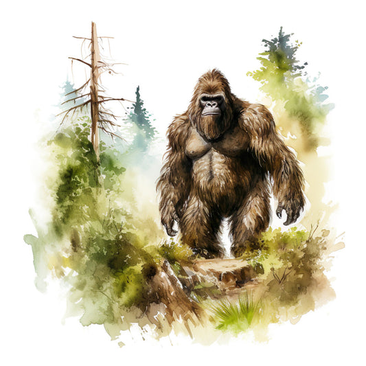 bigfoot, sasquatch, cryptid, forest, woodland, nature, animals, wildlife, brown, tan, olive green, sage green, cream, beige, watercolor, illustrated, mystical, rustic, adventure, outdoor, legend, mysterious, folklore, whimsical, trees, forest floor, hiking, camping, pacific northwest, creature