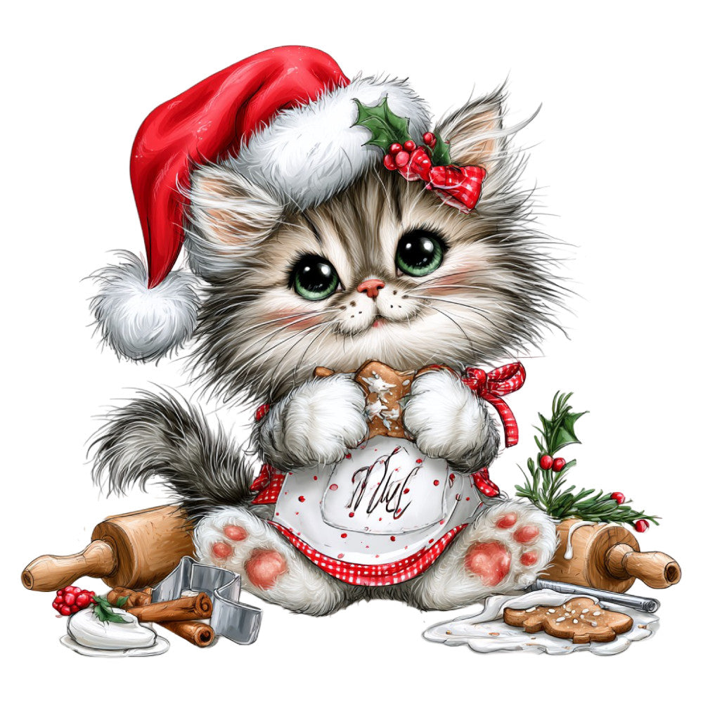 christmas cat, holiday kitten, festive feline, santa hat, red and white, cream white, forest green, gingerbread brown, whimsical animal, cute cat, seasonal holiday, christmas baking, gingerbread cookies, holly berries, rolling pin, cookie cutter, baking theme, vintage christmas, traditional holiday, seasonal decoration, wall hanging panel, christmas gift fabric, festive kitten face, holiday cooking, baking supplies, december holiday, storybook illustration, charming animals, festive season, jolly christmas