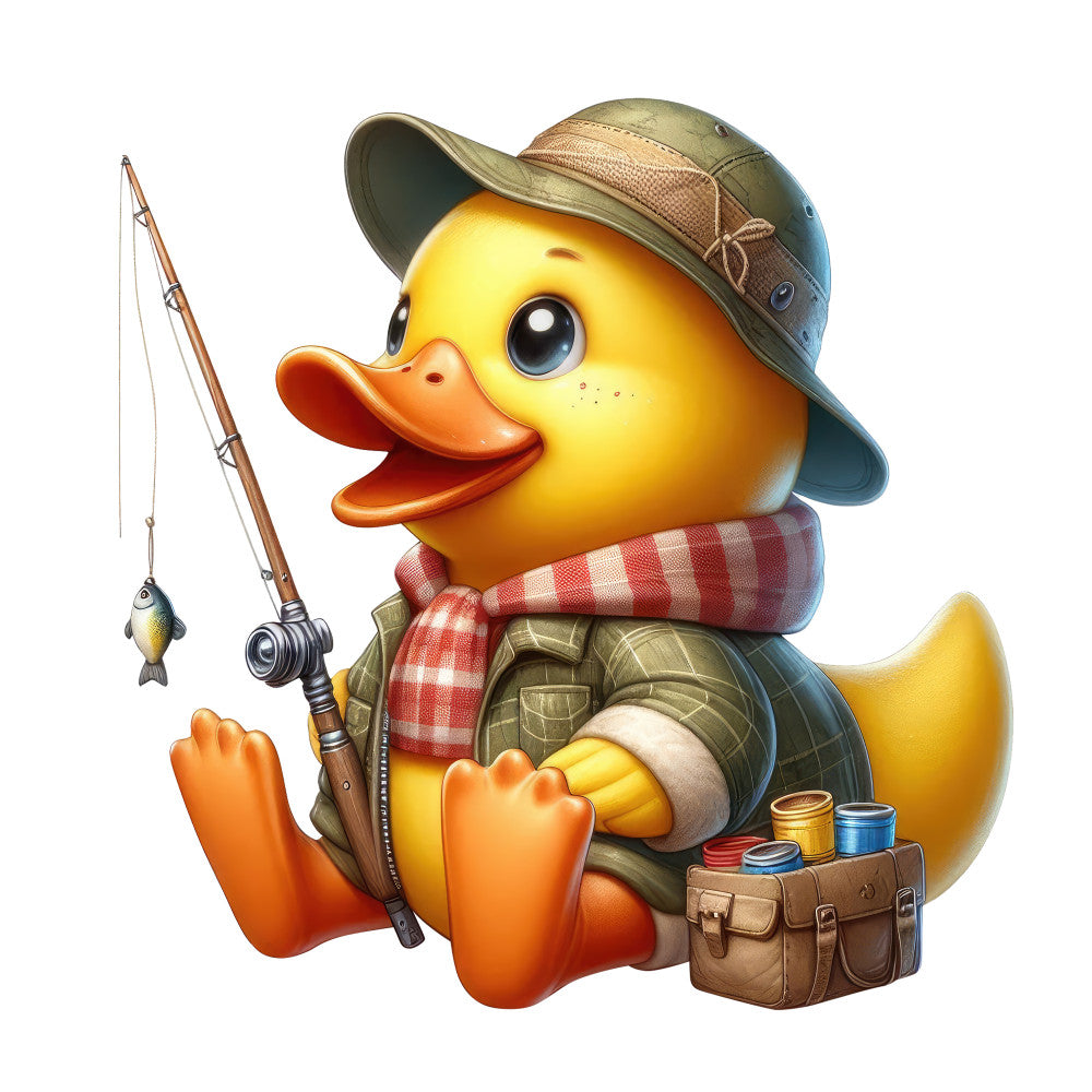 yellow duck, fishing, fisherman, outdoor recreation, adventure, cute animals, children's, whimsical, playful, rustic, vintage, safari hat, plaid shirt, red and white gingham, tan khaki, orange beak, nature themed, camping, outdoor activities, spring, summer, baby quilt, children's quilt, wall hanging, decorative panel, animal motifs, country style, folk art, illustration style, storybook