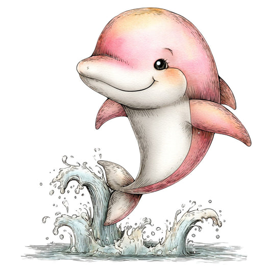 pink dolphin, coral pink, rose pink, dusty rose, white, cream, ocean blue, water blue, whimsical, cute, playful, marine life, ocean animals, sea creatures, dolphins, jumping dolphin, water splashes, waves, nautical, coastal, children's, baby, playful animals, illustrated, storybook, sweet, gentle, joyful, summer, spring