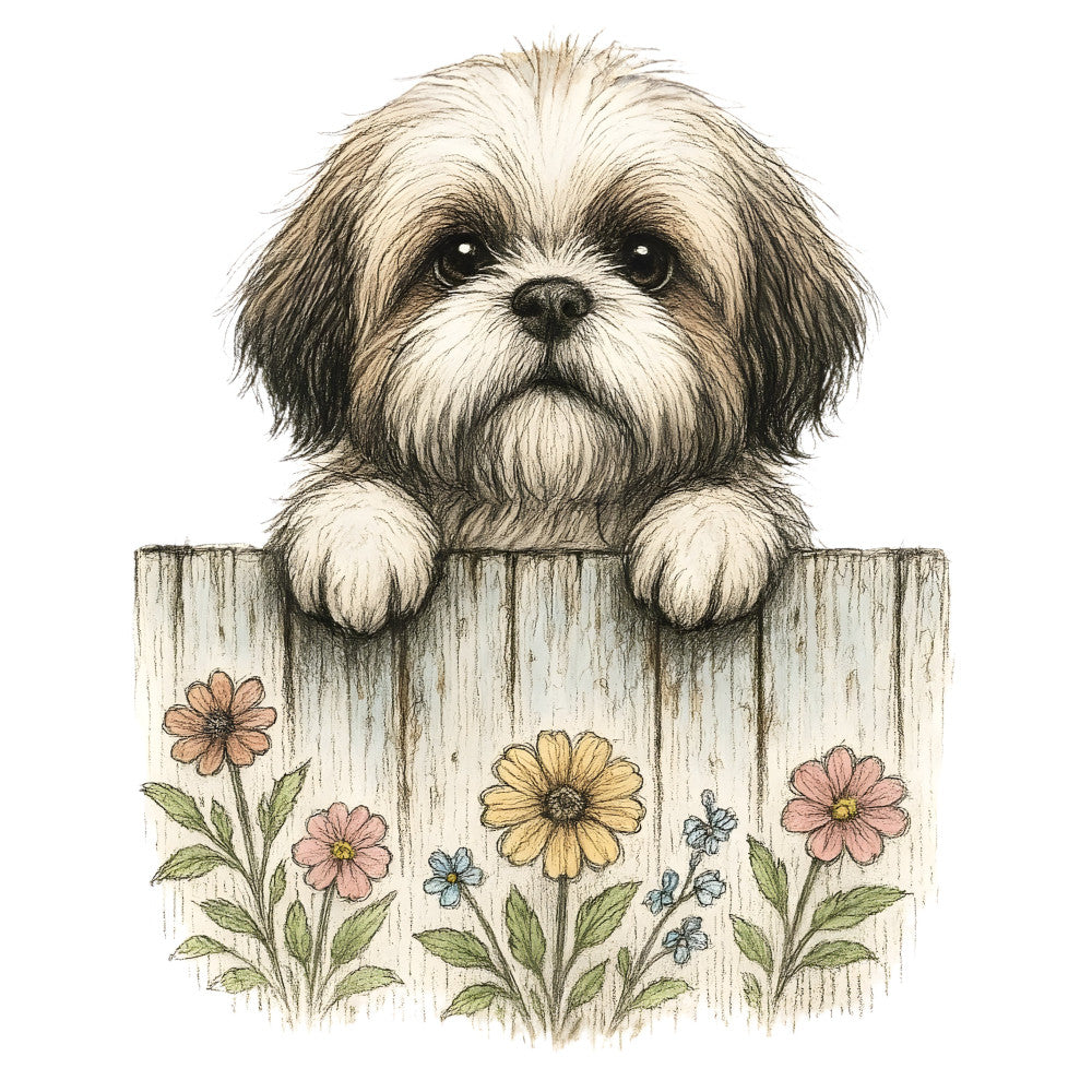 shih tzu, dog, puppy, flowers, floral, daisies, pink flowers, yellow flowers, cream, tan, brown, black and white, botanical, nature, whimsical, charming, cute, animal lover, pet lover, farmhouse, cottage core, garden, spring, summer, illustration, greeting card, wall hanging, home decor, children's, nursery
