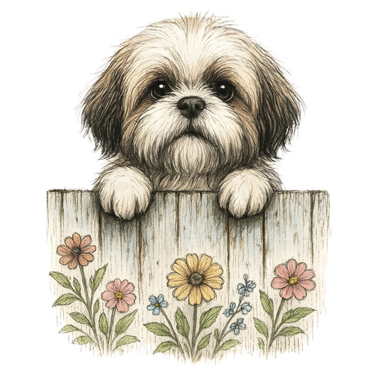 shih tzu, dog, puppy, flowers, floral, daisies, pink flowers, yellow flowers, cream, tan, brown, black and white, botanical, nature, whimsical, charming, cute, animal lover, pet lover, farmhouse, cottage core, garden, spring, summer, illustration, greeting card, wall hanging, home decor, children's, nursery