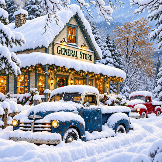 winter general store, vintage trucks, snow scene, nostalgic, retro vehicles, christmas, holiday, cream, navy blue, red, forest green, gold accents, rustic, farmhouse, cozy cabin, snowy landscape, evergreen trees, vintage americana, nostalgic americana, classic cars, pickup trucks, small town charm, winter wonderland, festive, old-fashioned store, warm lighting, country style, traditional holiday, vintage vehicles, wintry scene