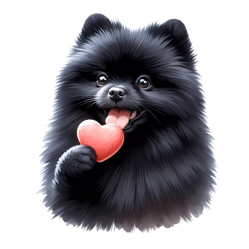 black dog, fluffy puppy, pomeranian, cute animals, heart motif, red heart, animal lovers, whimsical, playful, pet theme, dog lover gift, children's fabric, baby animals, charcoal black, black and white, love theme, cheerful, joyful expression, cartoon style, illustrated animals, friendly pets, nursery decor, animal panels, sweet animals, dog breeds, expressive eyes, happy pet, adorable creatures