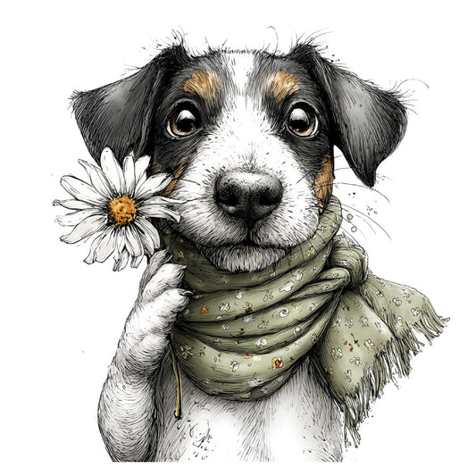 dog portrait, cute puppy, black and white dog, tri-color dog, daisy flower, floral dog, whimsical, charming, adorable animals, pet lover, dog illustration, sketch style, ink drawing, nature inspired, spring, summer, sweet expression, gentle, playful, children's fabric, nursery, animal lover gift, dog breed, scarf print, apparel, tote bag, sage green, cream white, golden yellow, black