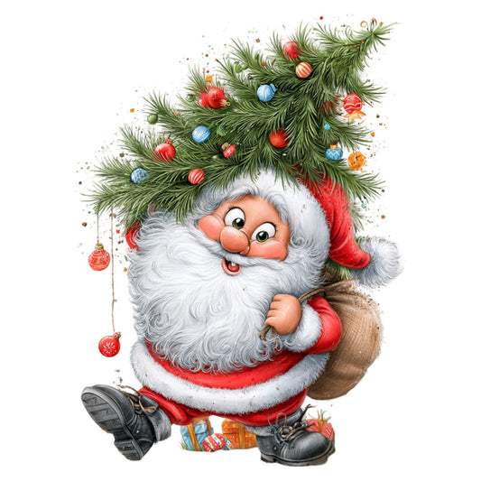 santa claus, christmas, holiday, white beard, red and white, forest green, ornaments, decorative baubles, festive, whimsical, jolly, vintage, traditional, nostalgic, gift bags, presents, christmas tree, evergreen branches, winter, seasonal, fabric panel, character design, illustration style, children's, playful, cheerful, striped ornaments, red clothing, boots, sack of gifts