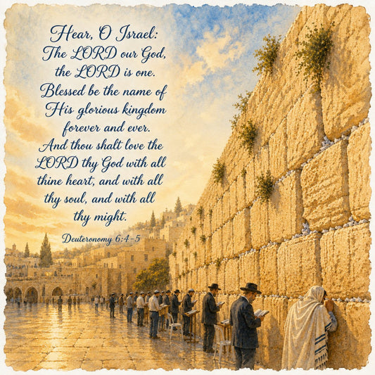 religious, scripture, inspirational, prayer, spiritual, jewish, israel, jerusalem, western wall, stone wall, architectural, historical, tan, beige, cream, gold, blue sky, earthy tones, vintage, traditional, elegant, reverent, faith-based, bible verse, deuteronomy, people gathering, cultural, historic landmark, timeless, sepia tone