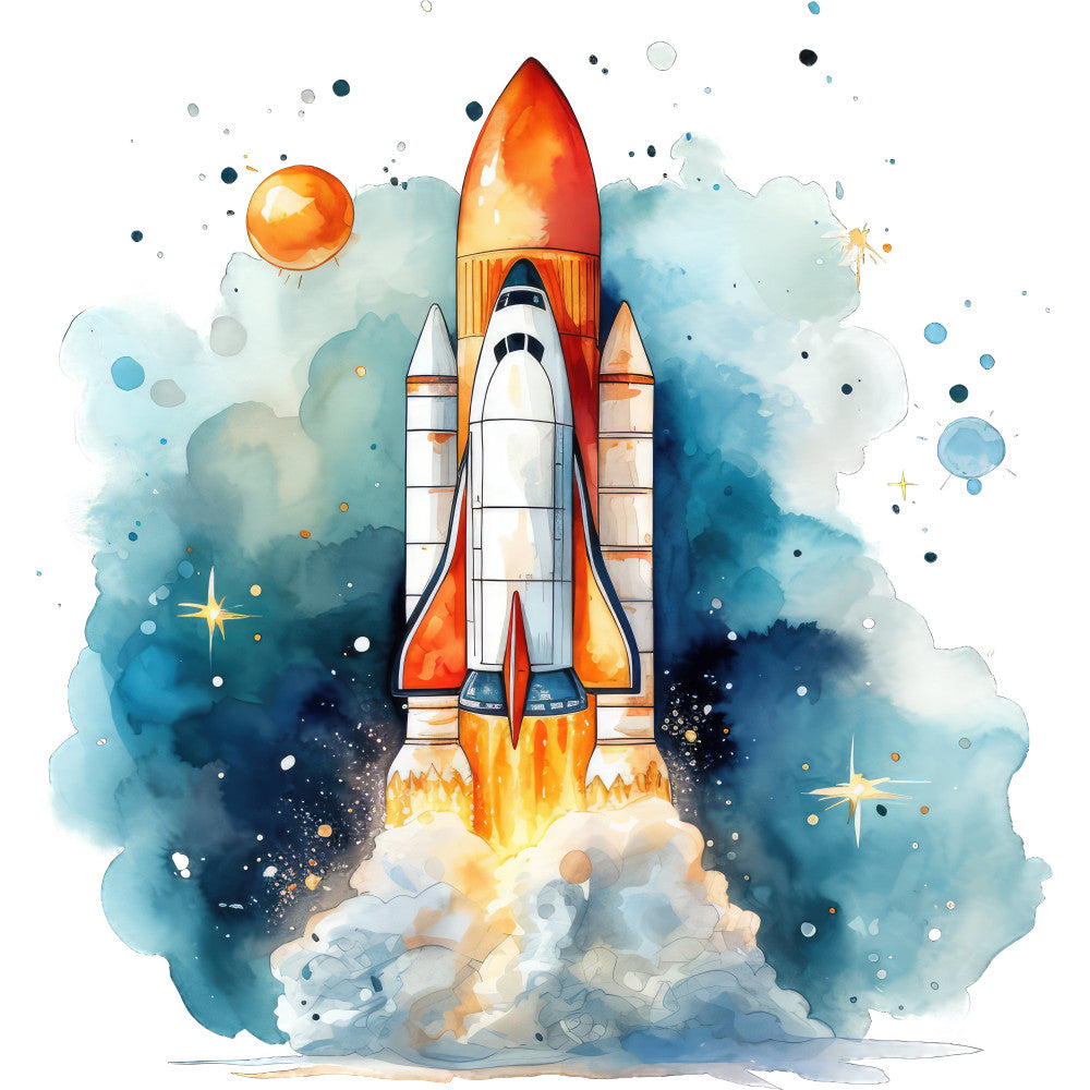 rocket, space, celestial, watercolor, orange, red, blue, white, cream, navy blue, cloud, stars, sun, planets, abstract, whimsical, modern, children's, boys, adventure, launch, sky, cosmic, galaxy, illustration, artistic, inspirational, dreamy, pastel blue, burst of flames