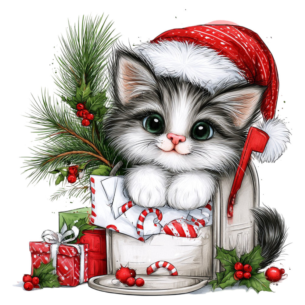 cat, kitten, holiday, christmas, festive, red, white, green, whimsical, cute, animals, santa hat, candy canes, pine branches, holly berries, gifts, presents, striped, winter, seasonal, playful, charming, decorative, panel design, red and white striped, evergreen, festive animals, pet themed, jolly, cheerful