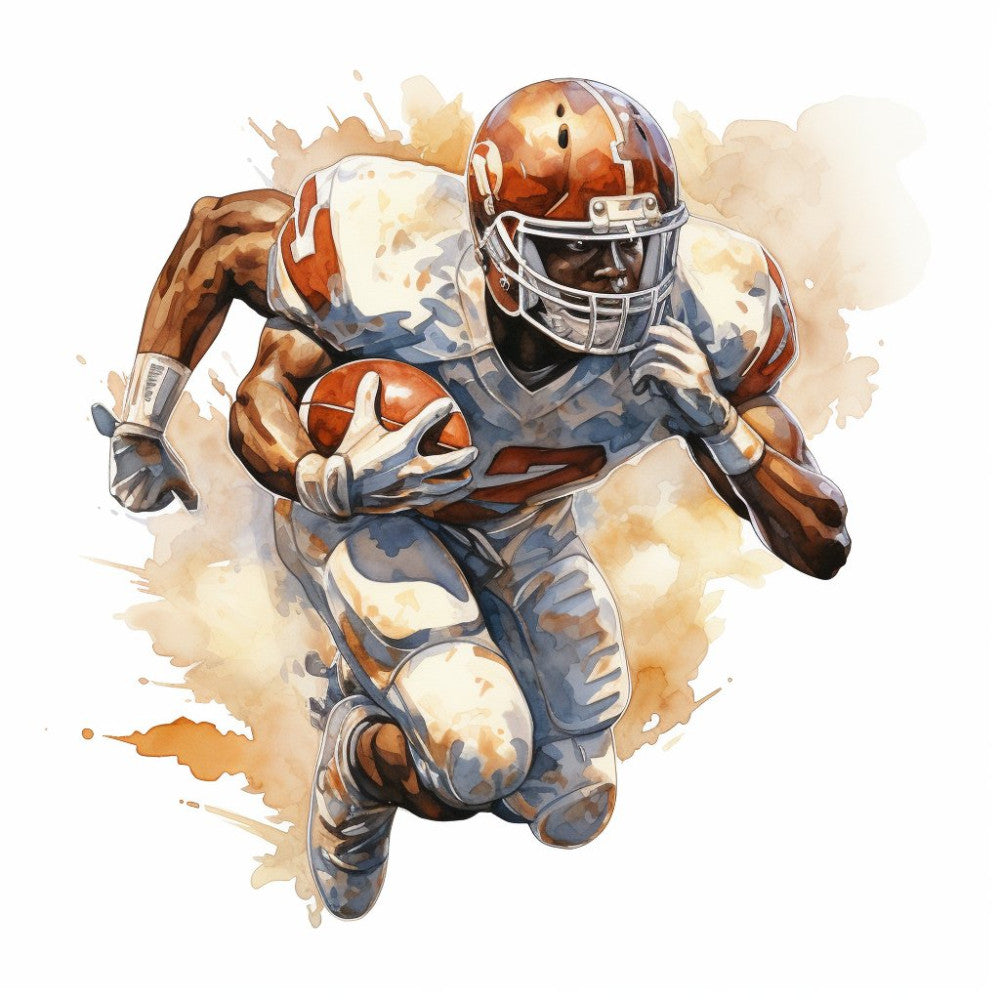 football, sports, rust orange, burnt orange, cream, tan, beige, navy blue, watercolor, abstract, athletic, masculine, action, dynamic, player, helmet, ball, running back, receiver, touchdown, sports fan, team spirit, game day, casual style, modern, energetic, illustrated, portrait, gift fabric