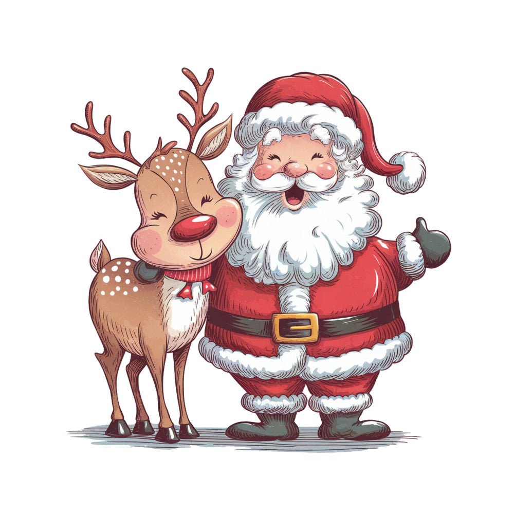 red, white, brown, santa claus, reindeer, christmas, holiday, cartoon style, cheerful, fabric panel, quilting cotton, winter theme, festive, jolly santa, cute reindeer, red nose, antlers, belt buckle, rosy cheeks, whimsical illustration