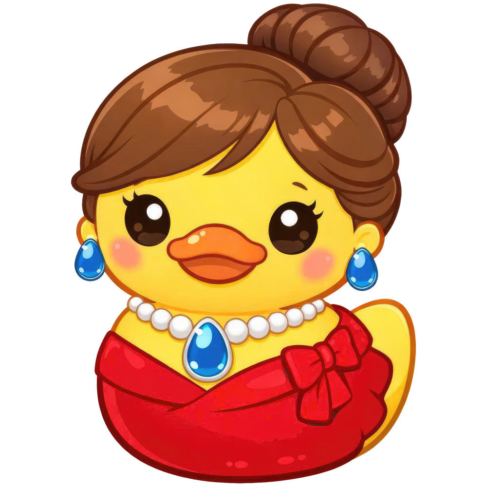yellow, red, orange, blue, brown, cute, whimsical, duck, bird, animal, jewelry, pearls, earrings, necklace, gemstone, elegant, playful, children's, baby, nursery, storybook, retro, vintage style, sweet, decorative, character panel, dimensional, embellished look, fun, cheerful