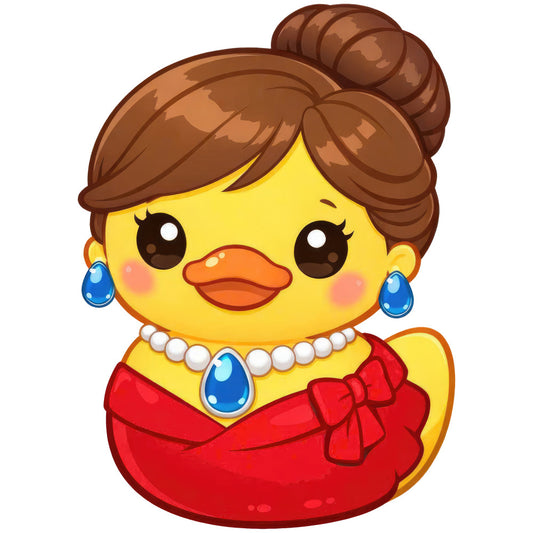 yellow, red, orange, blue, brown, cute, whimsical, duck, bird, animal, jewelry, pearls, earrings, necklace, gemstone, elegant, playful, children's, baby, nursery, storybook, retro, vintage style, sweet, decorative, character panel, dimensional, embellished look, fun, cheerful