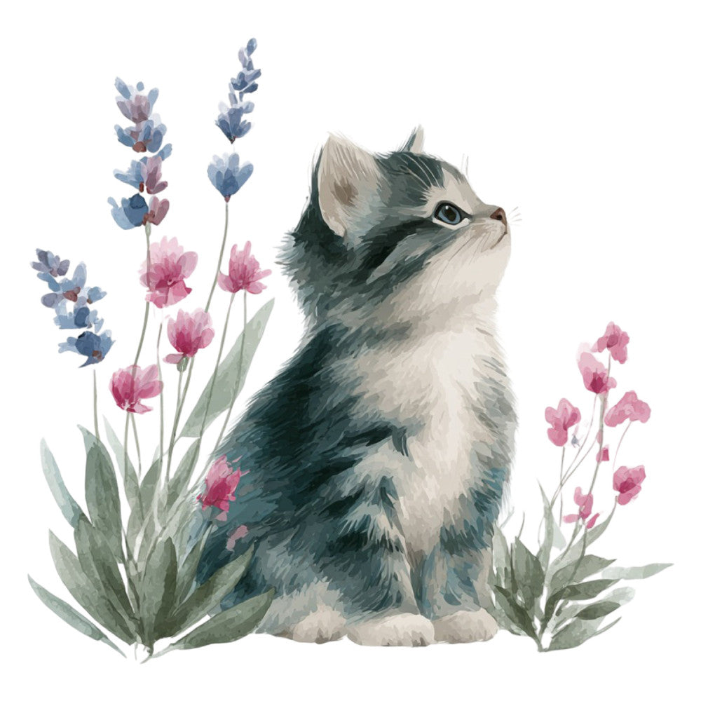 cat, kitten, lavender, dusty blue, sage green, cream, mauve, pink, floral, nature, whimsical, cute, botanical, animal, spring, summer, garden, wildflowers, delicate, watercolor, soft, charming, playful, elegant, lavender flowers, pink flowers, blue flowers, pet themed, children's, nature inspired