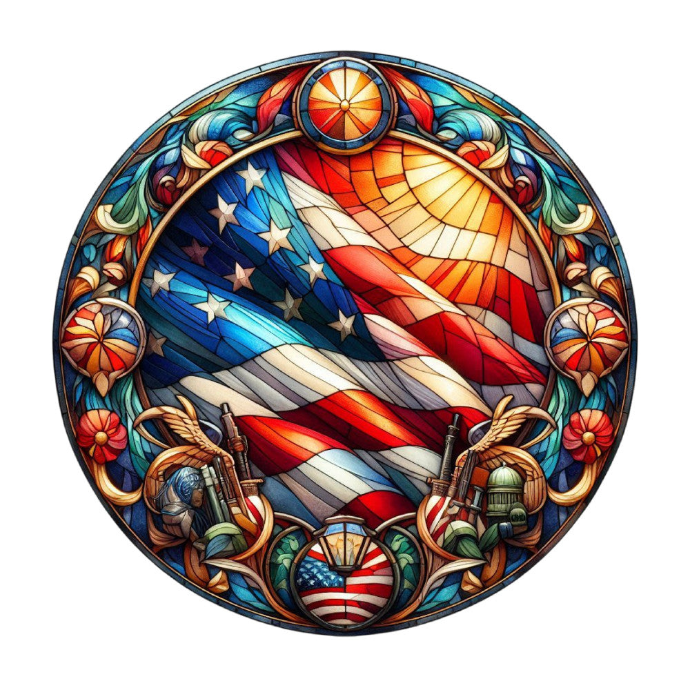 Round Stained Glass Patriotic Fabric Panel 16
