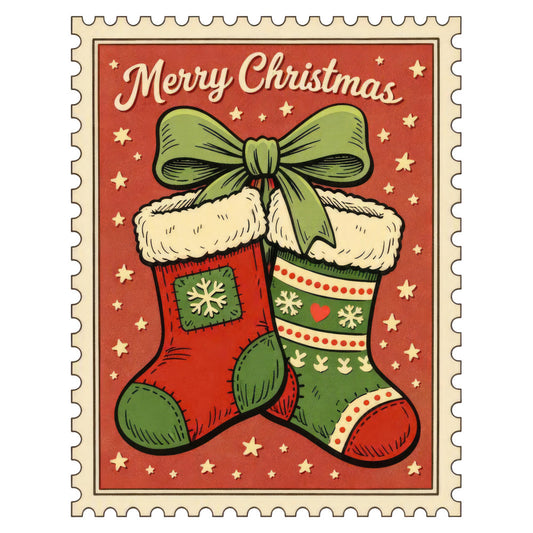 christmas, holiday, merry christmas, vintage christmas, retro christmas, festive, stockings, red, forest green, cream, gold, stars, bow, ribbon, fur trim, snowflakes, traditional, whimsical, nostalgic, holiday decorations, winter, seasonal, christmas theme, classic christmas, stamp design, postage stamp, panel fabric, home decor, seasonal decoration