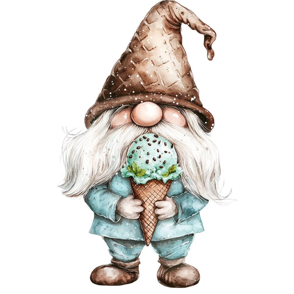 gnome, whimsical, ice cream cone, mint green, chocolate brown, cream white, sage green, fantasy, magical, fairy tale, woodland, adorable, children's, playful, cute character, storybook, mint chocolate, nutella brown, soft colors, pastel, character panel, illustrated, cheerful, sweet treats, dessert themed, gentle style, nursery, baby quilt, wall hanging, summertime