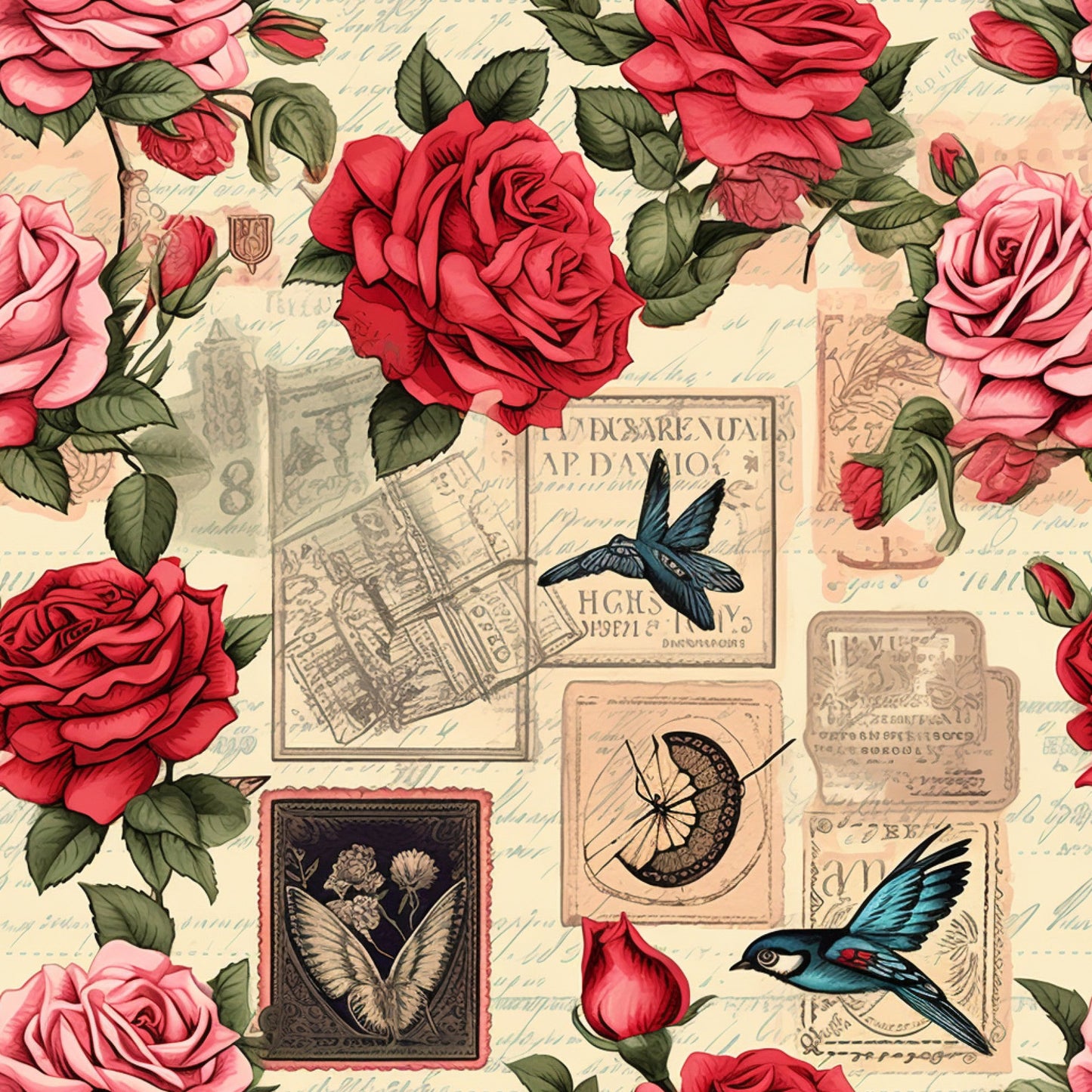 Vintage Love Stamps Pattern 4 Quilting Cotton Fabric
