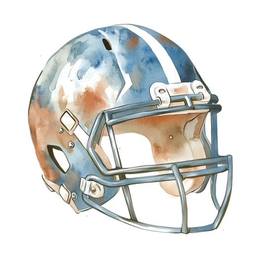 football helmet, sports, watercolor, blue, tan, cream, white, rust orange, bronze, athletic, masculine, team spirit, game day, sports fan, boys, men, americana, casual, modern watercolor, abstract watercolor, stripe detail, chinstrap detail, facemask detail, sports themed, football fan gift, sports quilt, wall hanging, apparel accent, novelty print