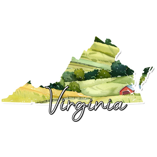virginia, state map, landscape, rolling hills, farmhouse, barn, red barn, agricultural, countryside, pastoral, nature, green, forest green, yellow, golden yellow, cream, light green, sage green, scenic, rural, rustic, travel, geography, americana, folk art, whimsical, illustration, topographic, spring, summer