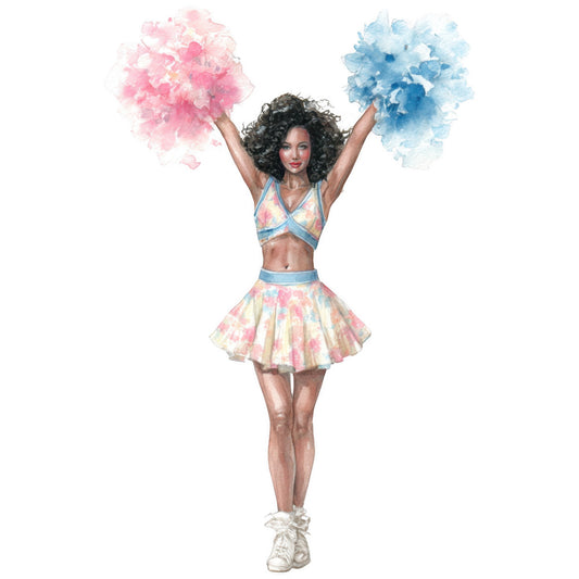 cheerleader, pink pom poms, blue pom poms, watercolor, abstract, pastel pink, pastel blue, cream, dance, sports, retro, vintage, whimsical, playful, fun, energetic, girl power, 80s, 90s, fashion illustration, figure illustration, novelty, statement print, bold, colorful, athletic wear, performance, celebration, festive, pop art