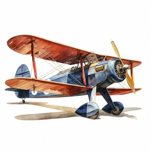 vintage airplane, biplane, retro aviation, rust red, burnt orange, navy blue, cream, tan, beige, transportation, vintage travel, antique aircraft, propeller plane, steampunk, aviation themed, nostalgia, 1920s, 1930s, adventure, exploration, sky themed, mechanical, industrial style, whimsical, classic design, heritage print, traditional, collectible, panel fabric