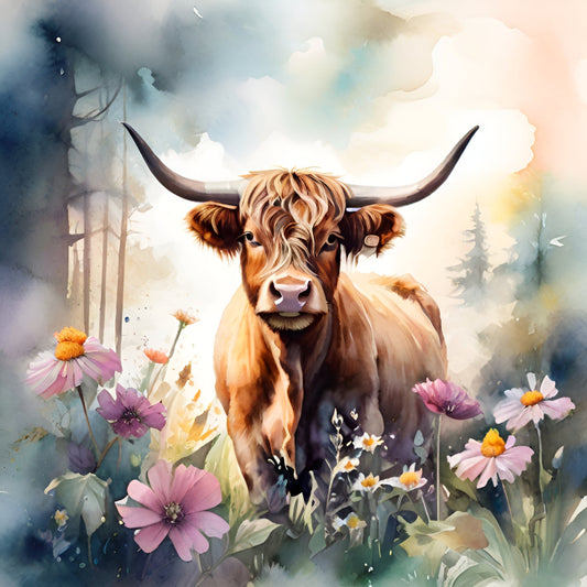 highland cattle, cow, bull, brown cow, long horns, floral, wildflowers, daisies, pink flowers, cottage garden, farmhouse, rustic, nature, animals, livestock, watercolor, soft pastels, cream, dusty rose, blush pink, golden brown, forest green, sage green, whimsical, botanical, pastoral, countryside, spring, summer, wall hanging