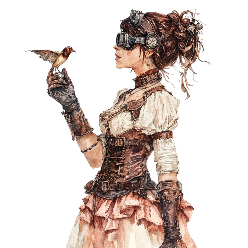 steampunk, brown, cream, copper, rust, burgundy, tan, vintage, mechanical, gears, goggles, corset, bird, aviator, industrial, alternative fashion, gothic, fantasy, adventure, whimsical, elegant, detailed illustration, portrait, character design, copper accents, leather, brass, celestial elements, clock motif, embellished