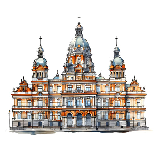 ornate building, architecture, victorian, dome, orange brick, blue dome, cross, religious, church, cathedral, historic, vintage, elegant, traditional, detailed, structural, cityscape, landmark, classical, ornamental, cream colored, gray accents, multi-story, decorative, illustration, building facade, heritage, timeless, european style