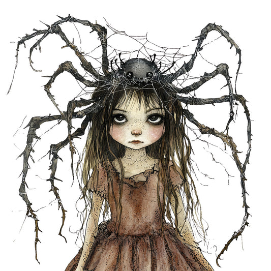 dark fantasy, gothic, whimsical, dark whimsical, girl portrait, creepy cute, horror, twisted branches, gnarled tree, spider web, spooky, eerie, dark brown, tan, cream, sepia tones, earth tones, illustrated, art illustration, character design, dark aesthetic, nature horror, twisted vines, spiderweb motif, haunting, mysterious, dark fairy tale, gothic fantasy, character panel, decorative art