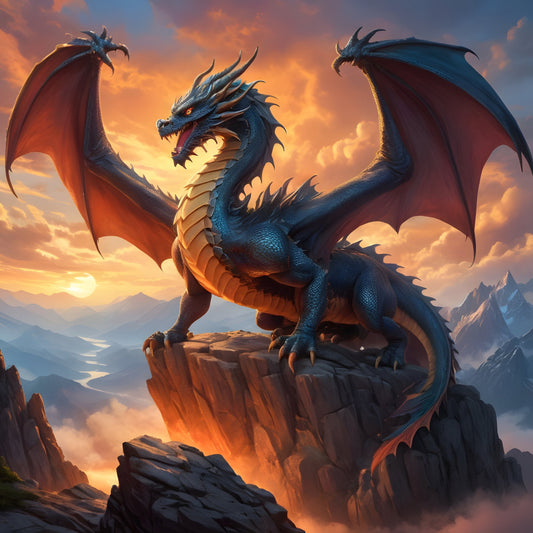 dragon, fantasy, mythical creatures, blue dragon, orange wings, sunset, golden hour, mountain landscape, adventure, magical, celestial, majestic, scales, winged creatures, fire-breathing, dark blue, burnt orange, golden yellow, amber, bronze, sky theme, cloud patterns, nature inspired, dramatic, epic, gaming, adventure fantasy, creatures and beasts, wall hanging, panel quilt